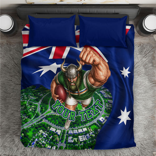 Personalized Canberra Raiders Rugby Bedding Set Viking Mascot And Canberra Skyline Flag Art