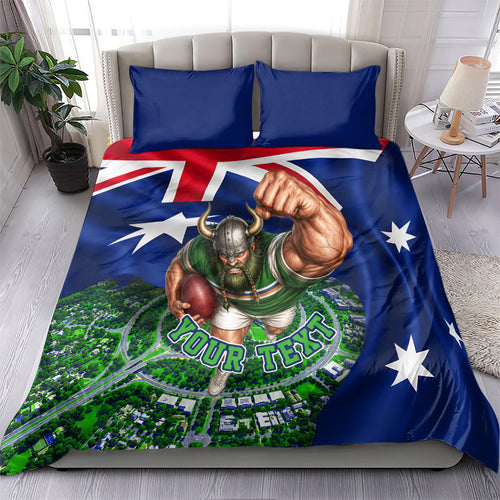 Personalized Canberra Raiders Rugby Bedding Set Viking Mascot And Canberra Skyline Flag Art