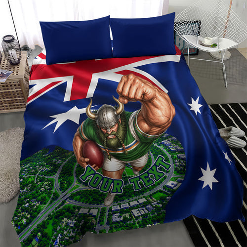 Personalized Canberra Raiders Rugby Bedding Set Viking Mascot And Canberra Skyline Flag Art