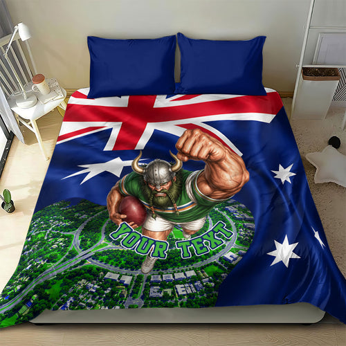 Personalized Canberra Raiders Rugby Bedding Set Viking Mascot And Canberra Skyline Flag Art