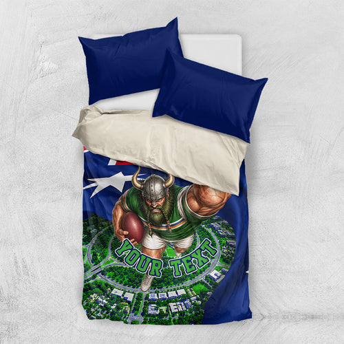 Personalized Canberra Raiders Rugby Bedding Set Viking Mascot And Canberra Skyline Flag Art
