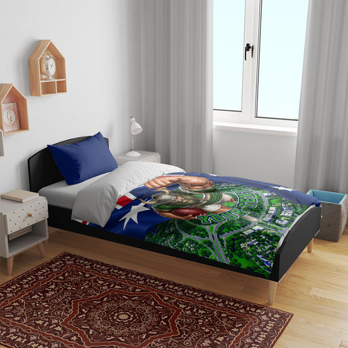 Personalized Canberra Raiders Rugby Bedding Set Viking Mascot And Canberra Skyline Flag Art