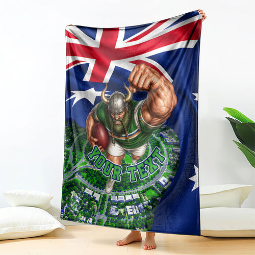 Personalized Canberra Raiders Rugby Blanket Viking Mascot And Canberra Skyline Flag Art