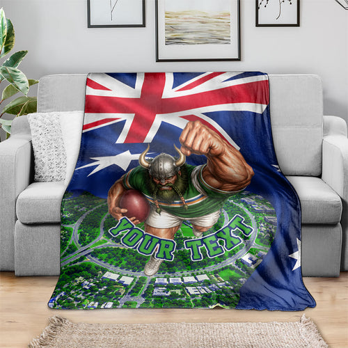 Personalized Canberra Raiders Rugby Blanket Viking Mascot And Canberra Skyline Flag Art