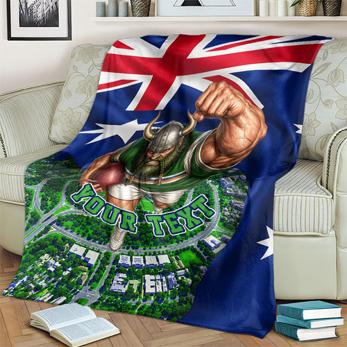 Personalized Canberra Raiders Rugby Blanket Viking Mascot And Canberra Skyline Flag Art