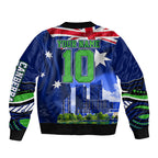 Personalized Canberra Raiders Rugby Bomber Jacket Viking Mascot And Canberra Skyline Flag Art