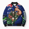 Personalized Canberra Raiders Rugby Bomber Puffer Jacket Viking Mascot And Canberra Skyline Flag Art