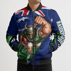 Personalized Canberra Raiders Rugby Bomber Puffer Jacket Viking Mascot And Canberra Skyline Flag Art