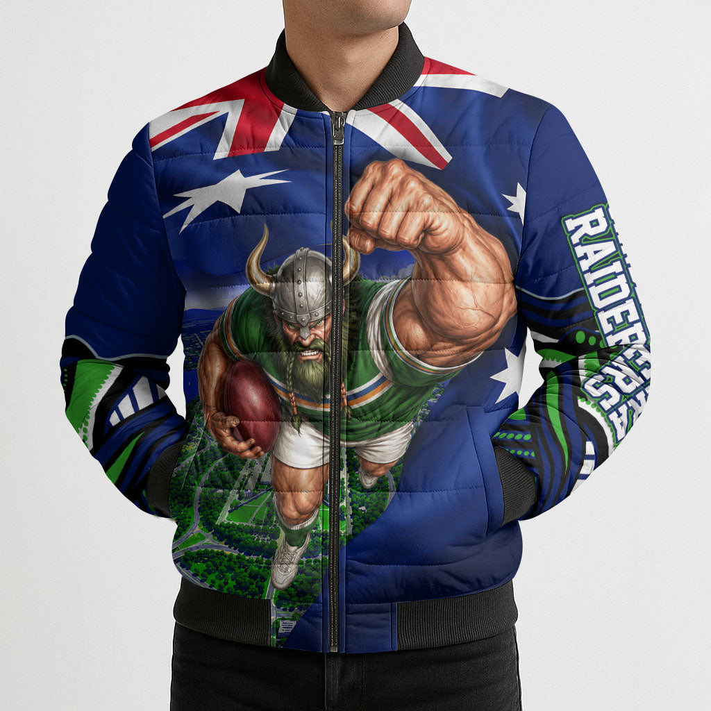 Personalized Canberra Raiders Rugby Bomber Puffer Jacket Viking Mascot And Canberra Skyline Flag Art