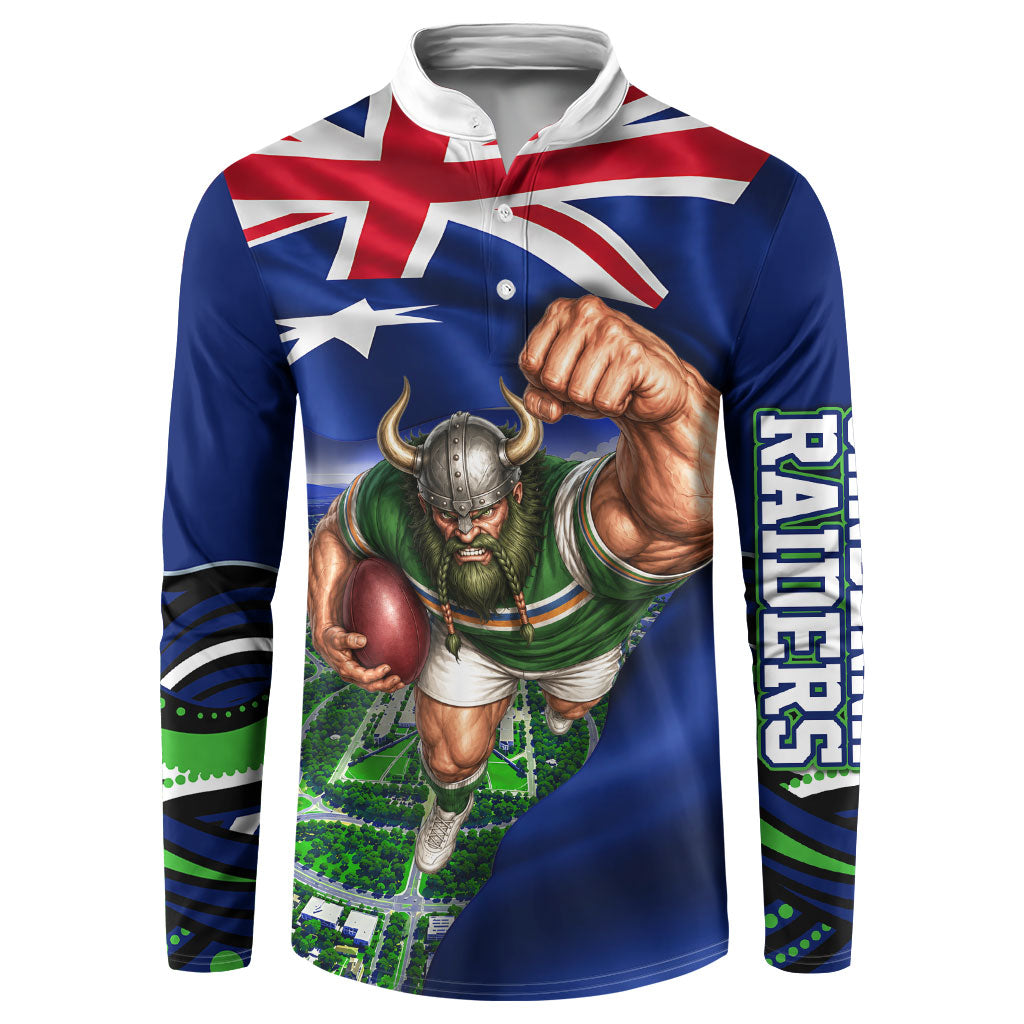 Personalized Canberra Raiders Rugby Button Sweatshirt Viking Mascot And Canberra Skyline Flag Art