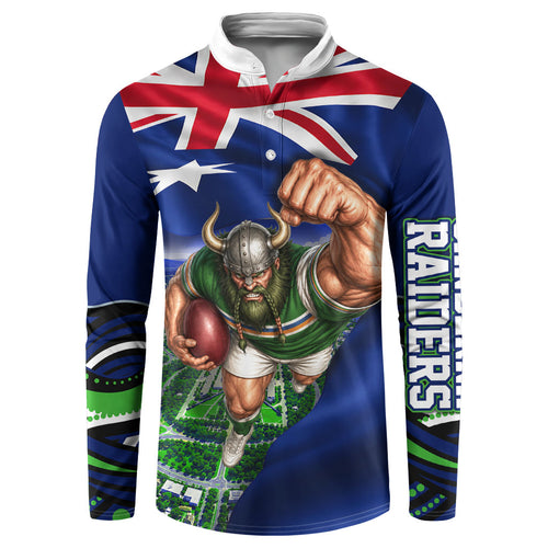 Personalized Canberra Raiders Rugby Button Sweatshirt Viking Mascot And Canberra Skyline Flag Art