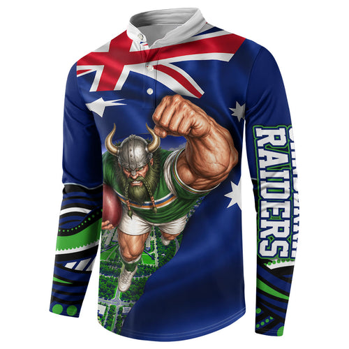 Personalized Canberra Raiders Rugby Button Sweatshirt Viking Mascot And Canberra Skyline Flag Art
