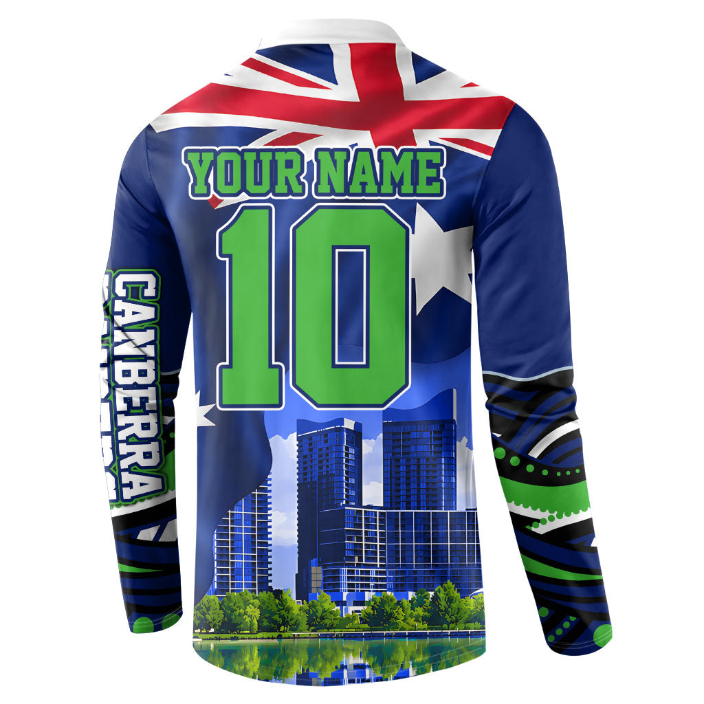 Personalized Canberra Raiders Rugby Button Sweatshirt Viking Mascot And Canberra Skyline Flag Art