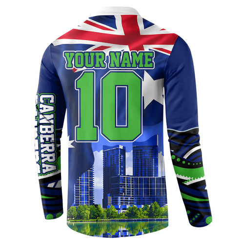 Personalized Canberra Raiders Rugby Button Sweatshirt Viking Mascot And Canberra Skyline Flag Art