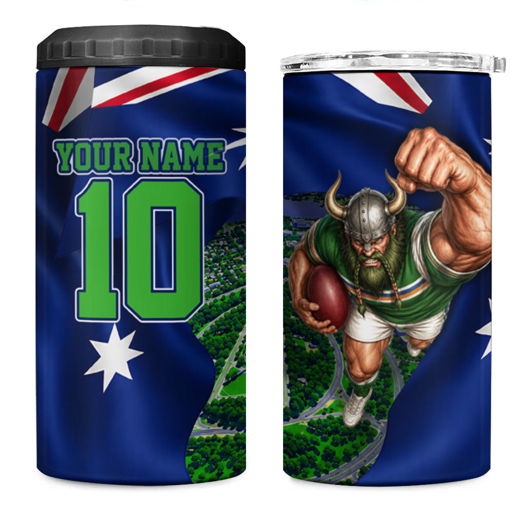 Personalized Canberra Raiders Rugby 4 in 1 Can Cooler Tumbler Viking Mascot And Canberra Skyline Flag Art