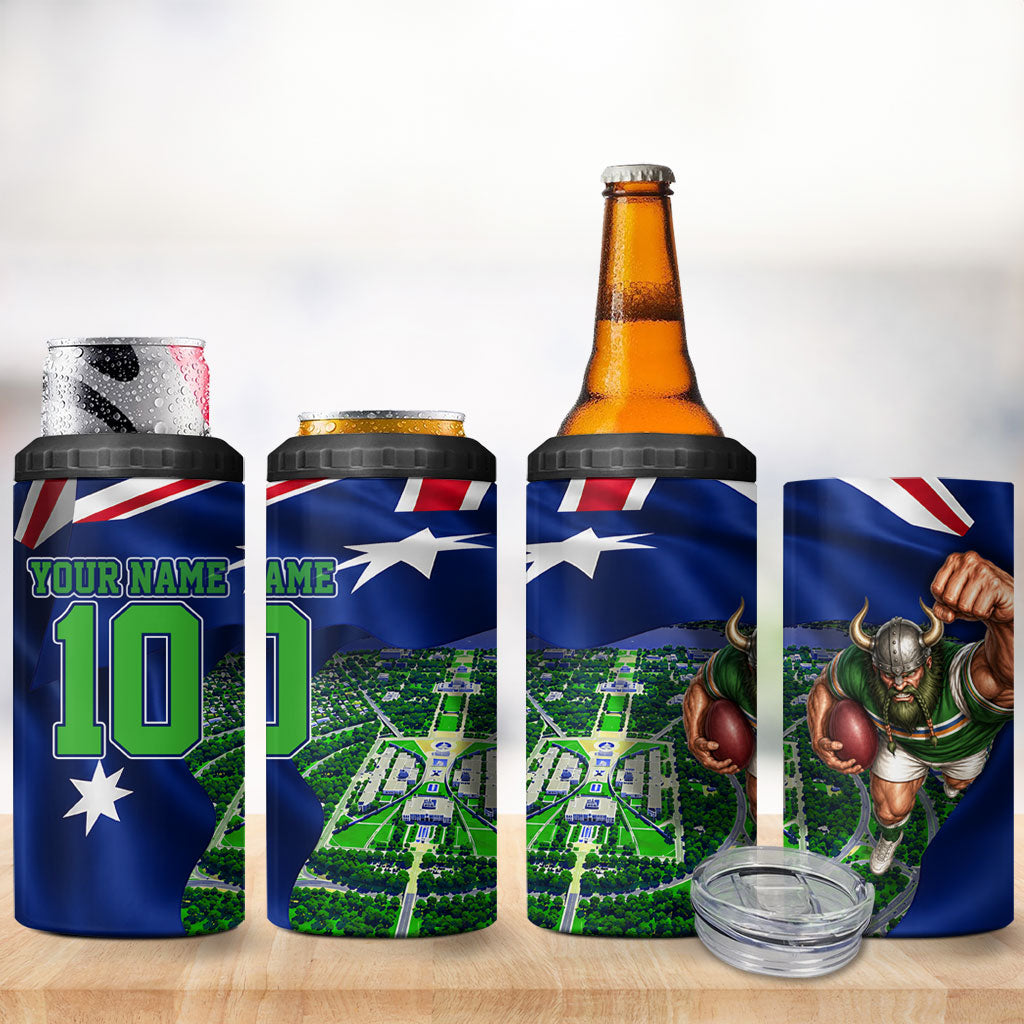 Personalized Canberra Raiders Rugby 4 in 1 Can Cooler Tumbler Viking Mascot And Canberra Skyline Flag Art