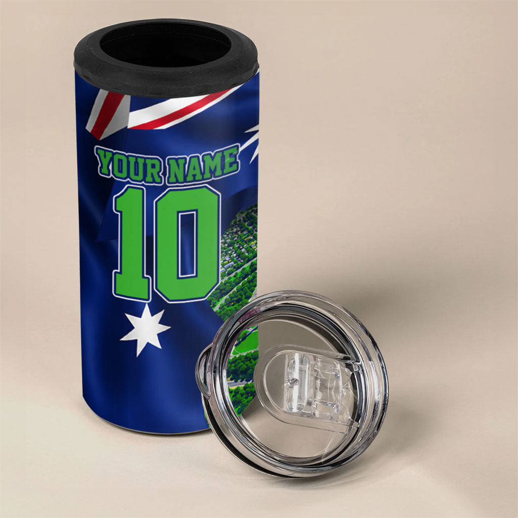 Personalized Canberra Raiders Rugby 4 in 1 Can Cooler Tumbler Viking Mascot And Canberra Skyline Flag Art
