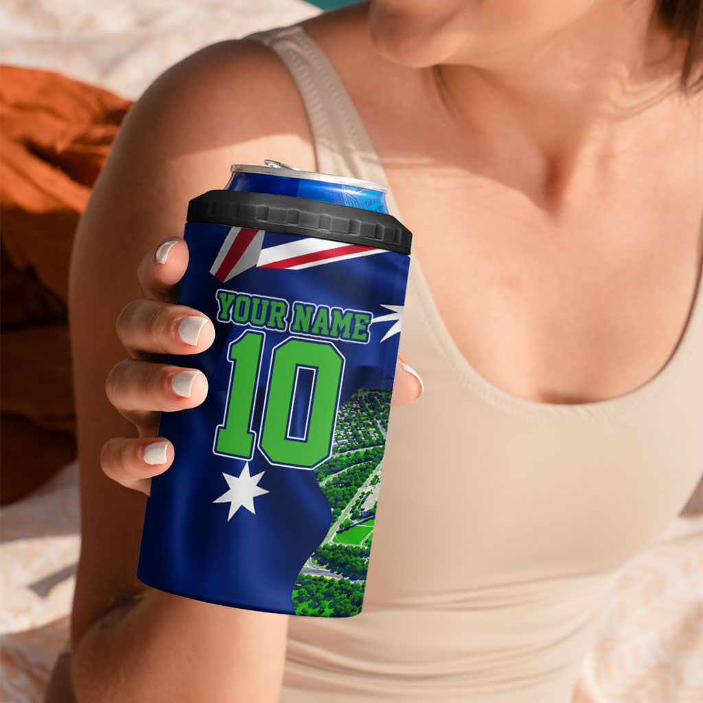 Personalized Canberra Raiders Rugby 4 in 1 Can Cooler Tumbler Viking Mascot And Canberra Skyline Flag Art