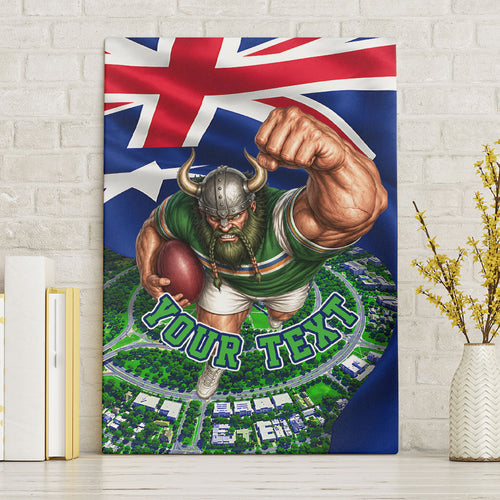 Personalized Canberra Raiders Rugby Canvas Wall Art Viking Mascot And Canberra Skyline Flag Art