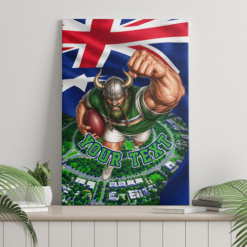Personalized Canberra Raiders Rugby Canvas Wall Art Viking Mascot And Canberra Skyline Flag Art