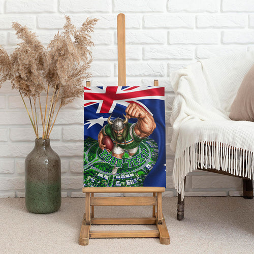 Personalized Canberra Raiders Rugby Canvas Wall Art Viking Mascot And Canberra Skyline Flag Art