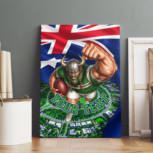 Personalized Canberra Raiders Rugby Canvas Wall Art Viking Mascot And Canberra Skyline Flag Art