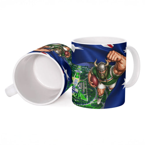 Personalized Canberra Raiders Rugby Ceramic Mug Viking Mascot And Canberra Skyline Flag Art