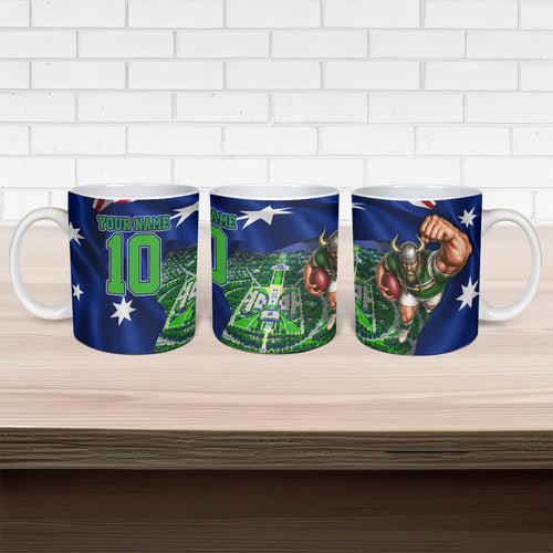 Personalized Canberra Raiders Rugby Ceramic Mug Viking Mascot And Canberra Skyline Flag Art