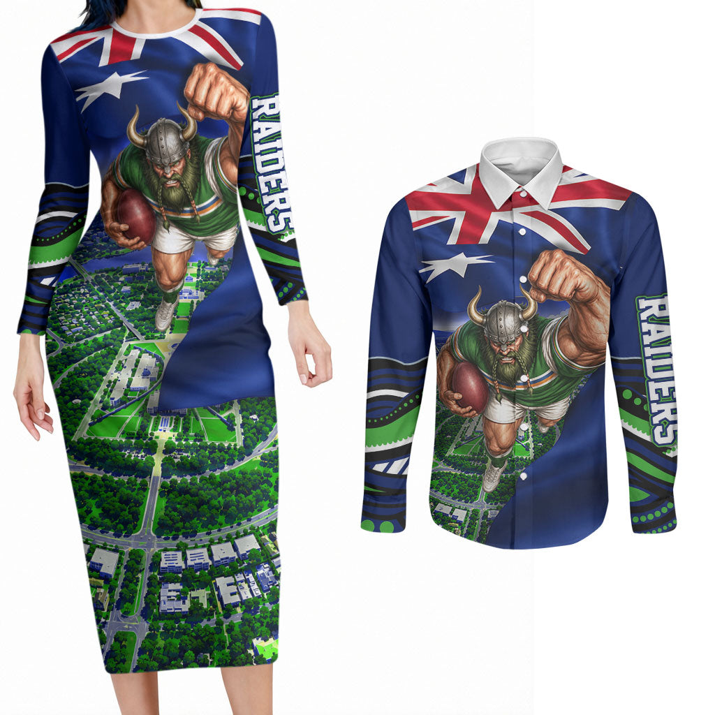 Personalized Canberra Raiders Rugby Couples Matching Long Sleeve Bodycon Dress and Long Sleeve Button Shirt Viking Mascot And Canberra Skyline Flag Art