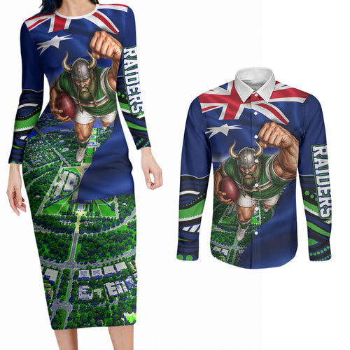Personalized Canberra Raiders Rugby Couples Matching Long Sleeve Bodycon Dress and Long Sleeve Button Shirt Viking Mascot And Canberra Skyline Flag Art