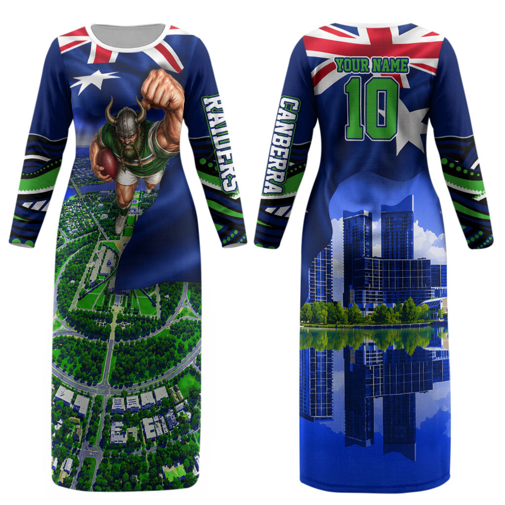 Personalized Canberra Raiders Rugby Couples Matching Long Sleeve Bodycon Dress and Long Sleeve Button Shirt Viking Mascot And Canberra Skyline Flag Art
