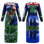 Personalized Canberra Raiders Rugby Couples Matching Long Sleeve Bodycon Dress and Long Sleeve Button Shirt Viking Mascot And Canberra Skyline Flag Art