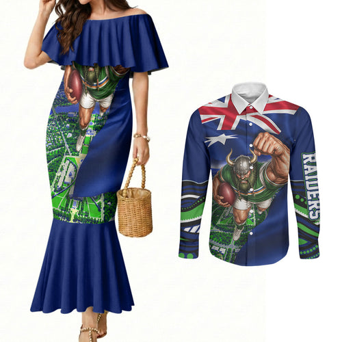 Personalized Canberra Raiders Rugby Couples Matching Mermaid Dress and Long Sleeve Button Shirt Viking Mascot And Canberra Skyline Flag Art