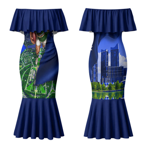 Personalized Canberra Raiders Rugby Couples Matching Mermaid Dress and Long Sleeve Button Shirt Viking Mascot And Canberra Skyline Flag Art