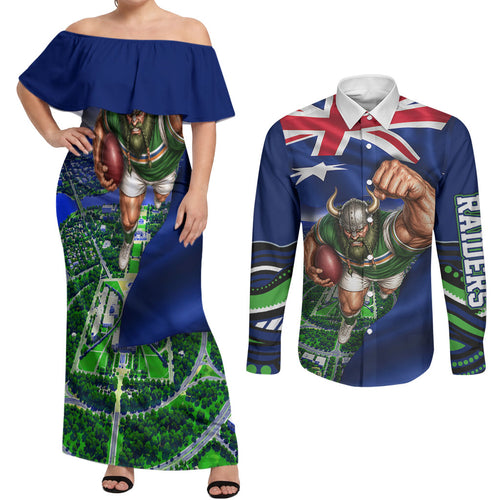 Personalized Canberra Raiders Rugby Couples Matching Off Shoulder Maxi Dress and Long Sleeve Button Shirt Viking Mascot And Canberra Skyline Flag Art