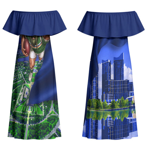 Personalized Canberra Raiders Rugby Couples Matching Off Shoulder Maxi Dress and Long Sleeve Button Shirt Viking Mascot And Canberra Skyline Flag Art