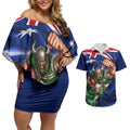 Personalized Canberra Raiders Rugby Couples Matching Off Shoulder Short Dress and Hawaiian Shirt Viking Mascot And Canberra Skyline Flag Art