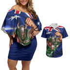 Personalized Canberra Raiders Rugby Couples Matching Off Shoulder Short Dress and Hawaiian Shirt Viking Mascot And Canberra Skyline Flag Art