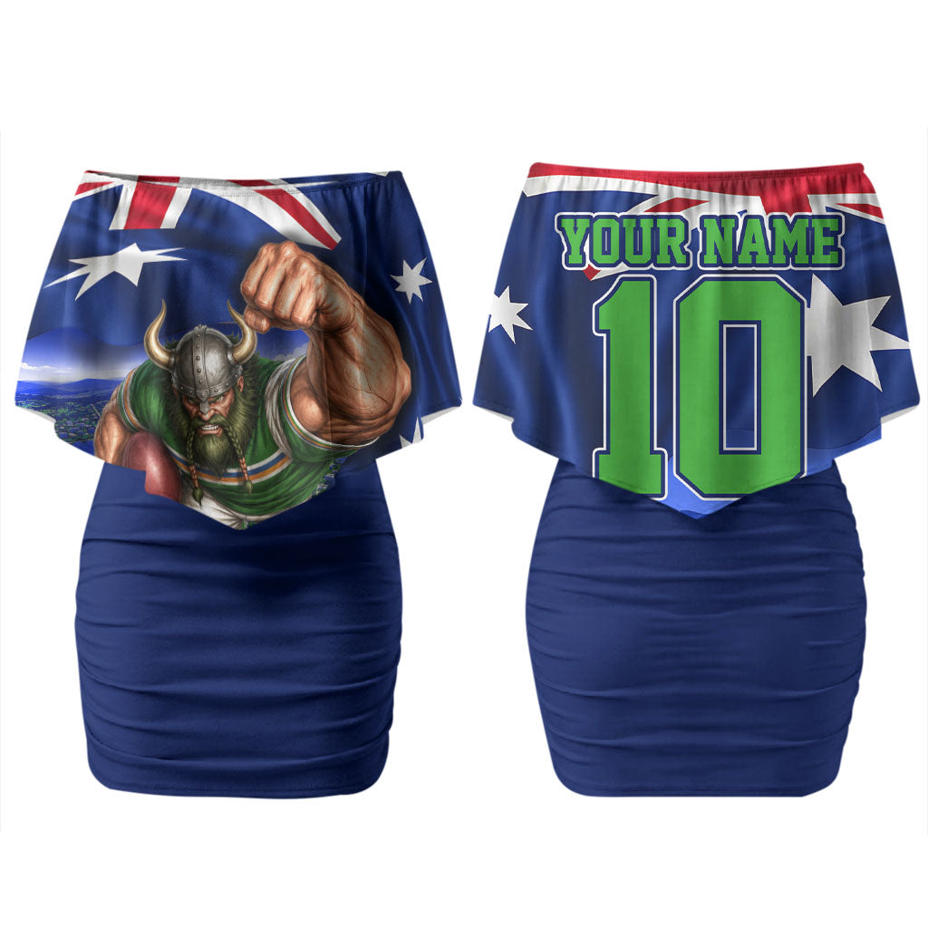 Personalized Canberra Raiders Rugby Couples Matching Off Shoulder Short Dress and Hawaiian Shirt Viking Mascot And Canberra Skyline Flag Art