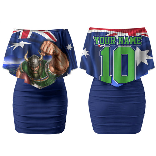 Personalized Canberra Raiders Rugby Couples Matching Off Shoulder Short Dress and Hawaiian Shirt Viking Mascot And Canberra Skyline Flag Art