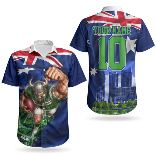 Personalized Canberra Raiders Rugby Couples Matching Off Shoulder Short Dress and Hawaiian Shirt Viking Mascot And Canberra Skyline Flag Art