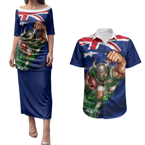 Personalized Canberra Raiders Rugby Couples Matching Puletasi and Hawaiian Shirt Viking Mascot And Canberra Skyline Flag Art