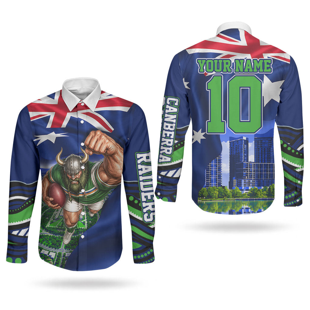 Personalized Canberra Raiders Rugby Couples Matching Puletasi and Long Sleeve Button Shirt Viking Mascot And Canberra Skyline Flag Art