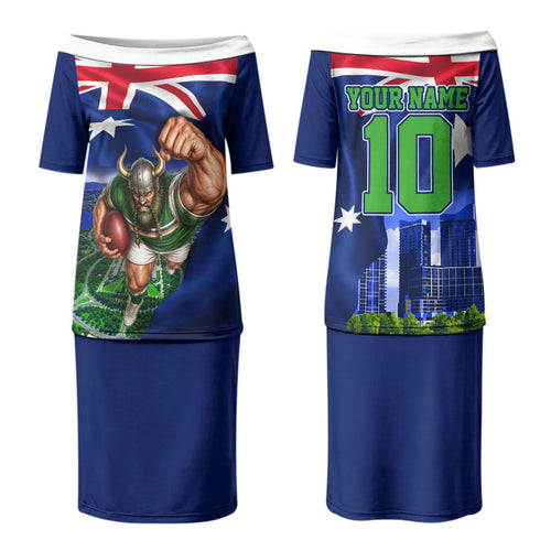 Personalized Canberra Raiders Rugby Couples Matching Puletasi and Long Sleeve Button Shirt Viking Mascot And Canberra Skyline Flag Art