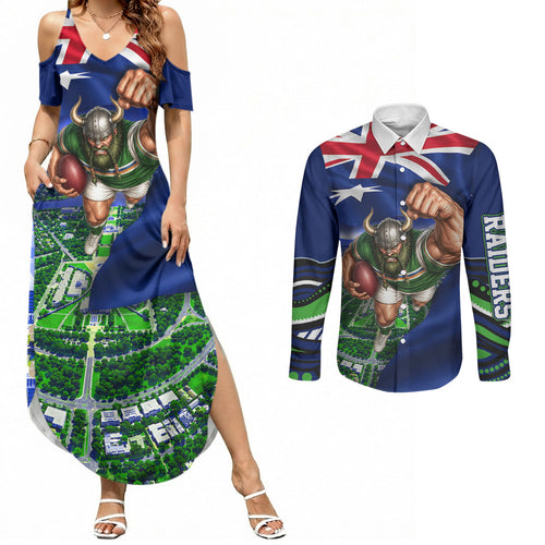 Personalized Canberra Raiders Rugby Couples Matching Summer Maxi Dress and Long Sleeve Button Shirt Viking Mascot And Canberra Skyline Flag Art