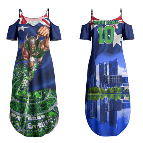 Personalized Canberra Raiders Rugby Couples Matching Summer Maxi Dress and Long Sleeve Button Shirt Viking Mascot And Canberra Skyline Flag Art