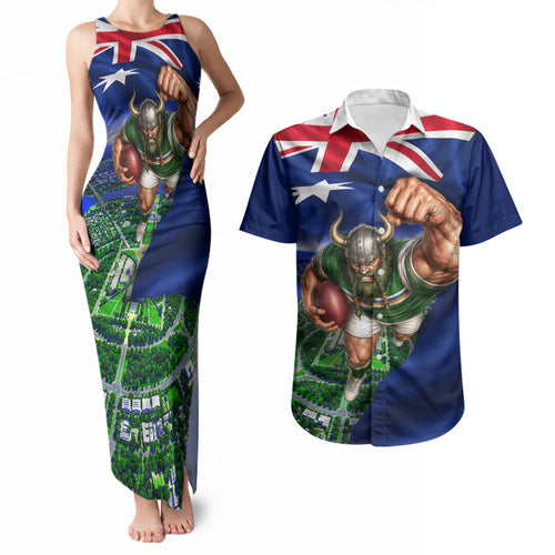 Personalized Canberra Raiders Rugby Couples Matching Tank Maxi Dress and Hawaiian Shirt Viking Mascot And Canberra Skyline Flag Art