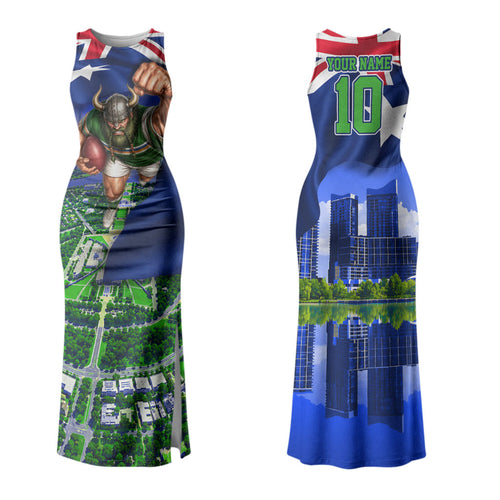 Personalized Canberra Raiders Rugby Couples Matching Tank Maxi Dress and Hawaiian Shirt Viking Mascot And Canberra Skyline Flag Art