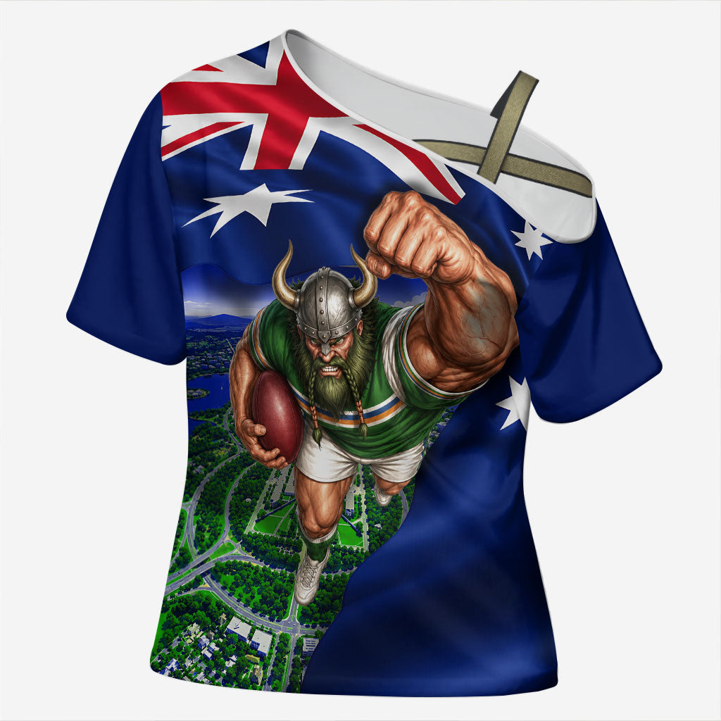 Personalized Canberra Raiders Rugby Cross Shoulder Shirt Viking Mascot And Canberra Skyline Flag Art