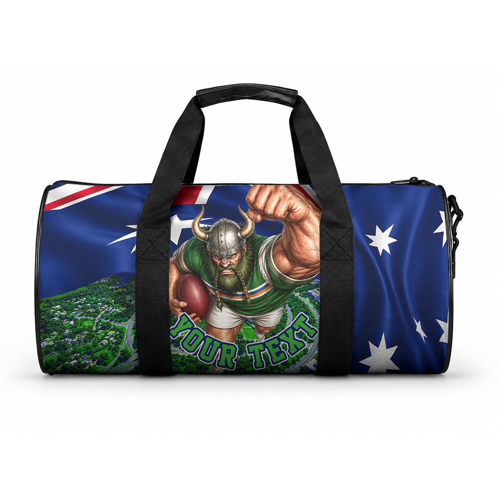 Personalized Canberra Raiders Rugby Duffle Bag Viking Mascot And Canberra Skyline Flag Art
